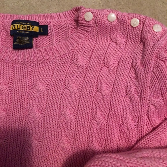 Rugby Ralph Lauren Pink Cable Knit Sweater with Buttons on Shoulder - Picture 2 of 2